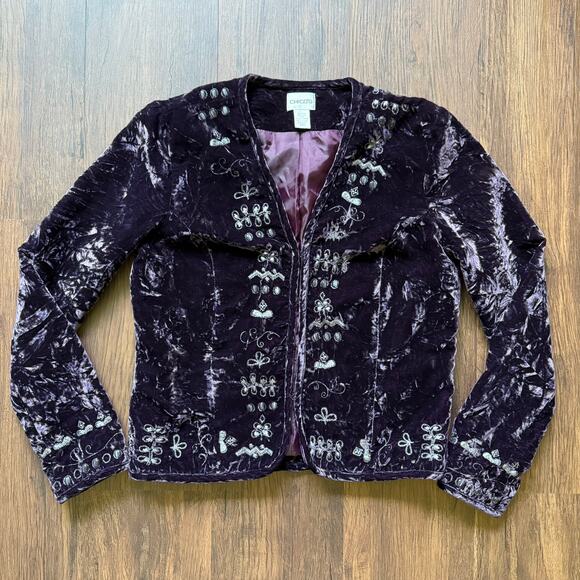 Chico’s Purple Crushed Velvet Silver Embroidered Jacket Size Small - Picture 1 of 7